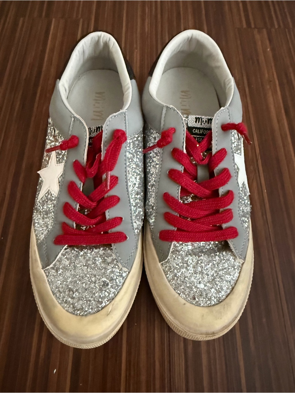 Silver Glitter Sneakers with Red Laces